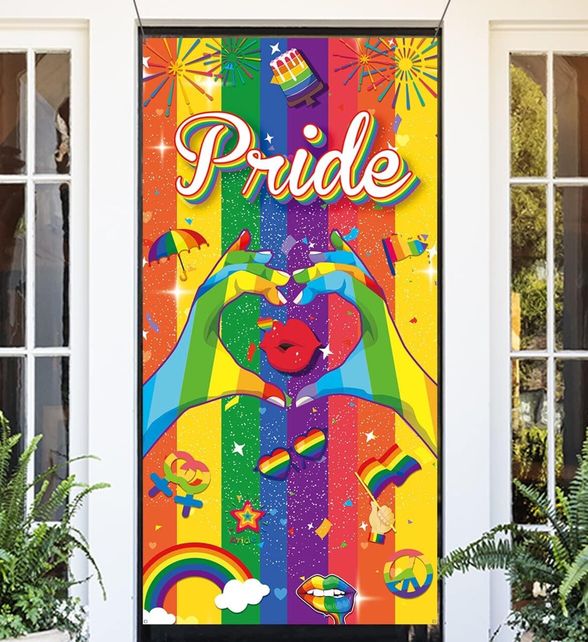 Pride Door Cover-LGBTQ Rainbow Gay Decor Vivid Colors Pride Rainbow Banner Photo Background for Pride Month Door Decorations